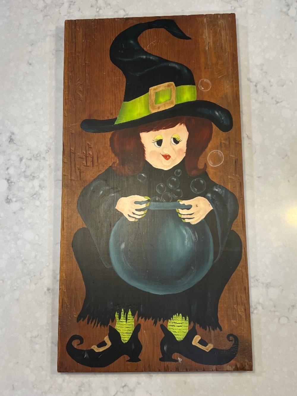 Vintage Hand painted Wooden Folk Art Witch Brewing in her Cauldron. 11x22x1.